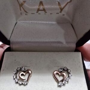 ❤️NIB!❤️ KAY JEWELERS 10K ROSE GOLD 925 SILVER DOUBLE HEART DIAMOND EARRINGS